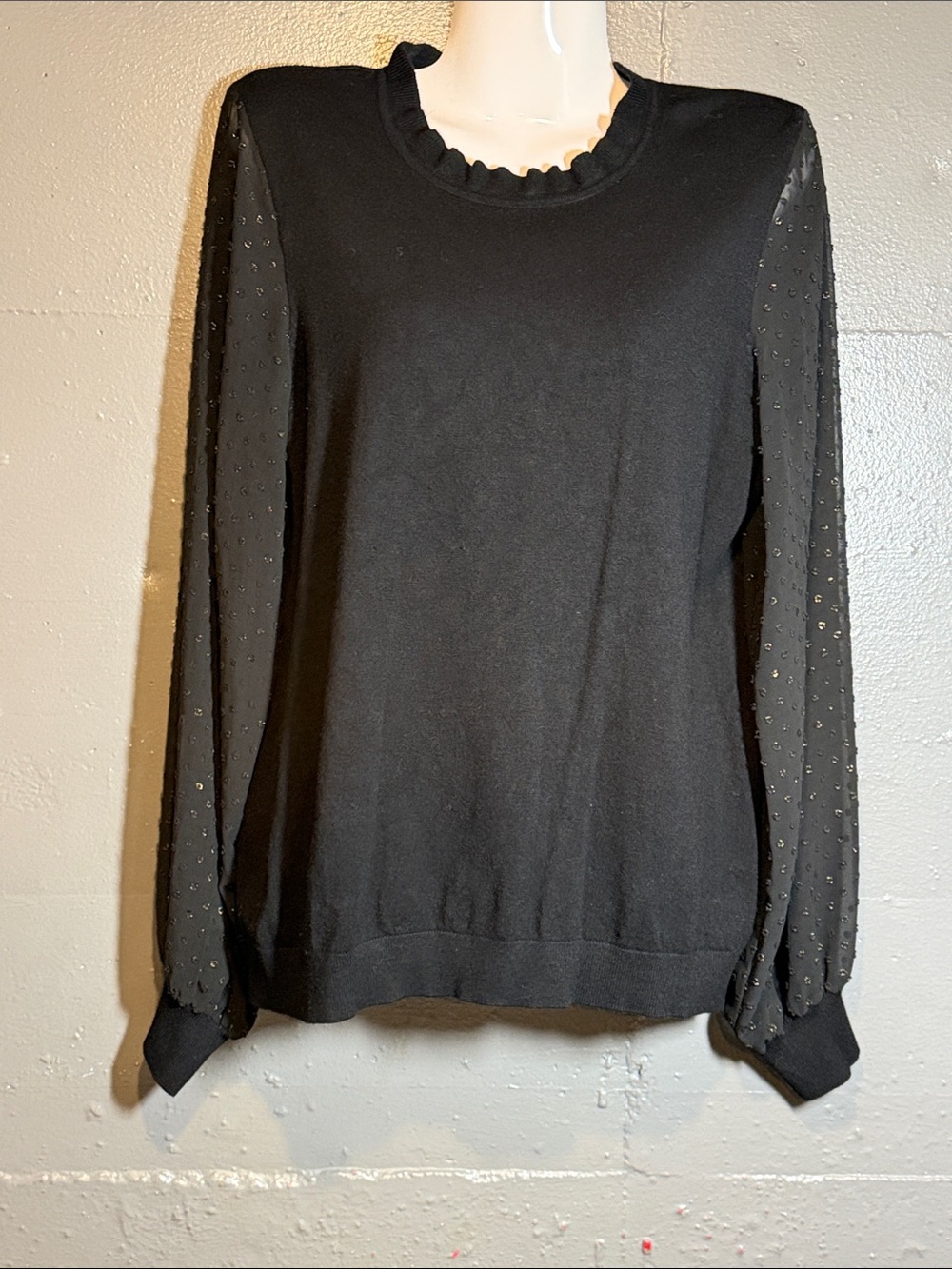 Adrianna Papell Black Crewneck Sweater with Sheer Studded Sleeves